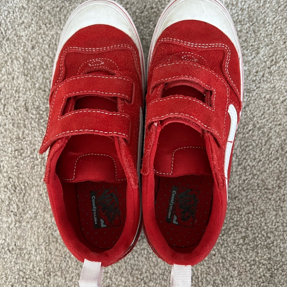 Unisex Red Vans with Velcro Strap. Size 2.5